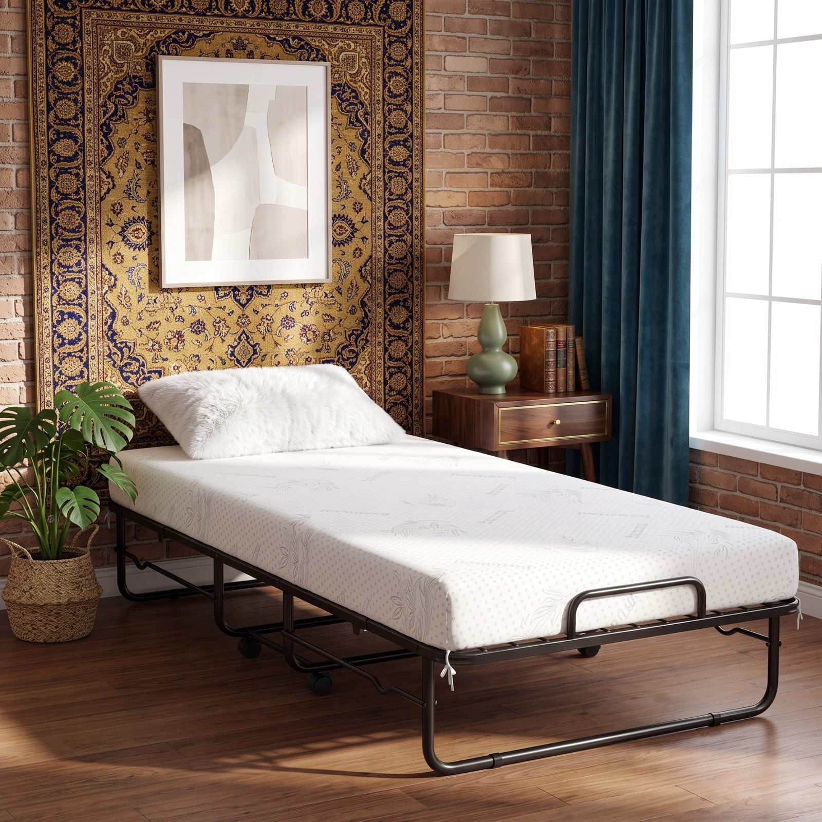 Furnibear Twin Bed Frame, Twin Folding Bed with 5 Inch Mattress, Rollaway Bed with Heavy Duty Metal Frame and Wheels for Guest Room, White and Black