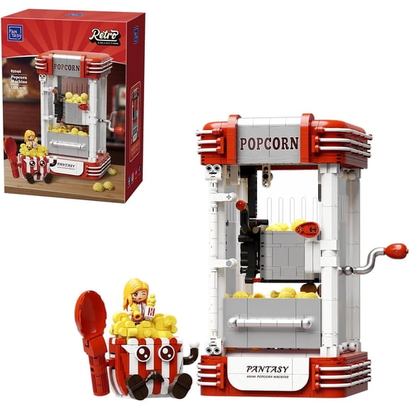 PANTASY Popcorn Machine Building Set, Vintage Popcorn Maker Model with Interactive Crank, Realistic Popcorn Pieces, Character Figure and Collectible Display Design for Adults and Retro Lovers
