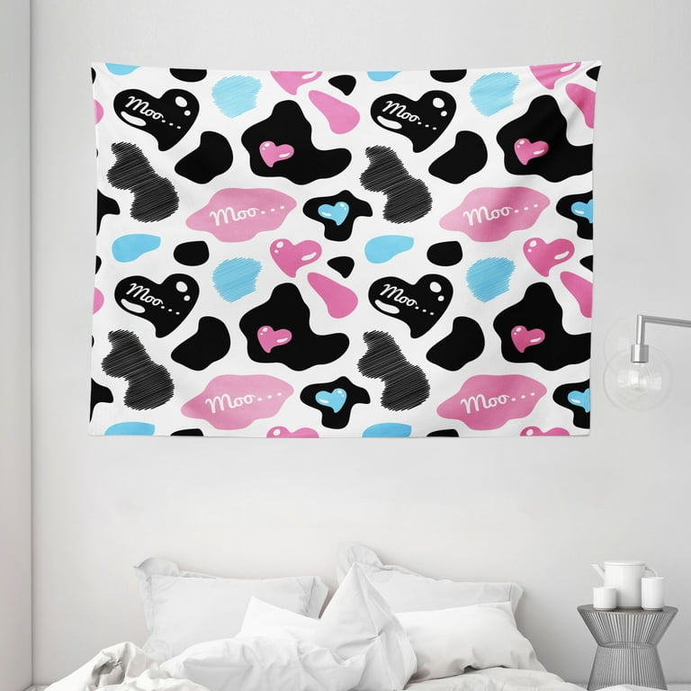 Cow Print Tapestry, Lovely Cow Hide with Cute Hearts Moo Barnyard Love  Abstract Design, Wall Hanging for Bedroom Living Room Dorm Decor, 80W X 60L  Inches, Pale Pink Black White, by Ambesonne 