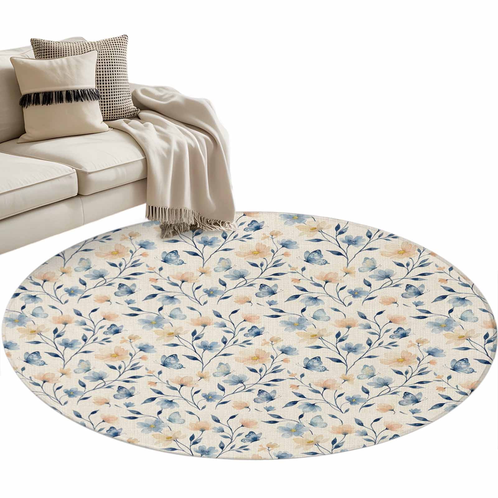 Round Area Rugs Collection 3 Ft, Blue Pink Flowers Non-Slip Residential Carpet, Spring Floral Elegant Pastoral Rustic Indoor Crawling Mats Doormat Runner Rugs Play Mat forBedroom
