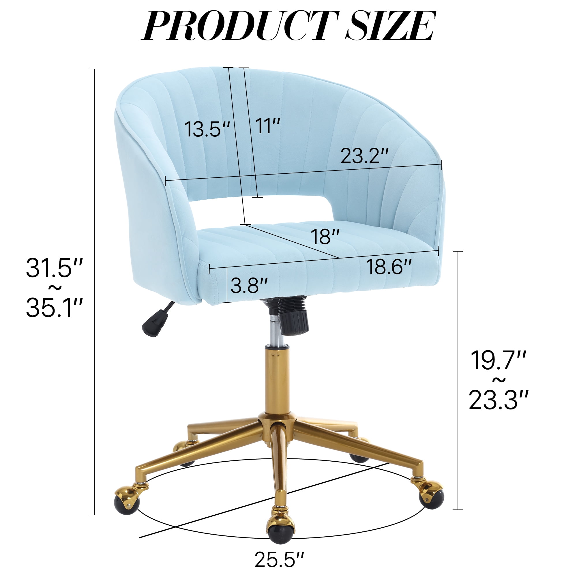 KCC Velvet Office Chair for Women, Swivel Vanity Desk Chair with Gold Base and Wheels, Adjustable Upholstered Chair for Bedroom, Makeup Room and Home Office, Blue