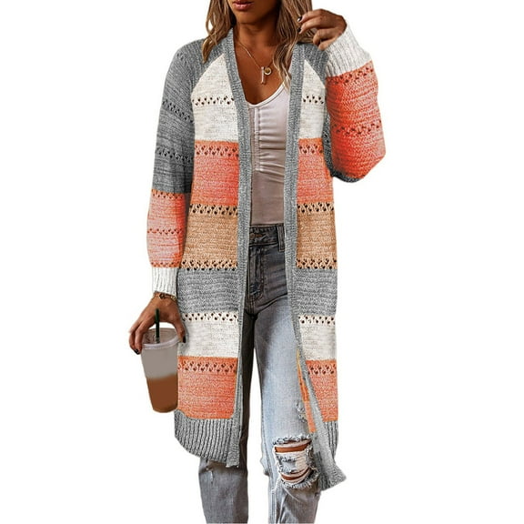Women Long Sleeve Hollow Out Knit Cardigan Color Block Stripes Midi Sweater Coat