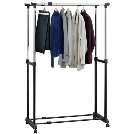 MyGift Expandable Rolling Double-Rail Garment Storage Rack, Black