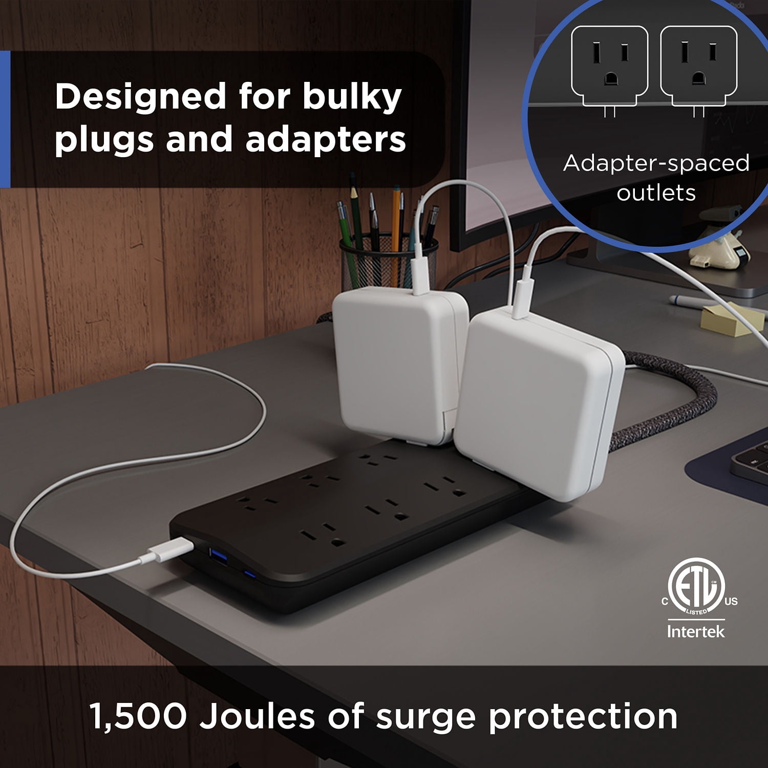 GE 8 Outlet Surge Protector Power Strip, 1 USB-A, 2 USB-C, 1500J, Braided Cord, 4ft, Black