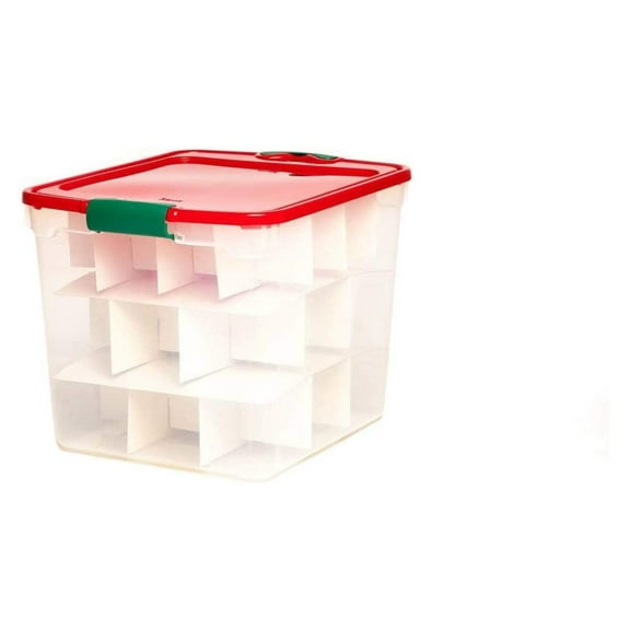 KioJJp 31 Quart Medium Clear Plastic Holiday Storage Container Bin with Latching Handles and Removable Ornament Dividers, (4 Pack)