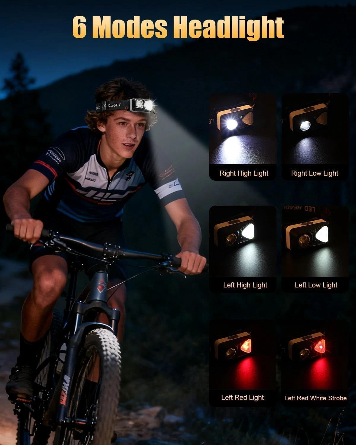 LED Headlamp Rechargeable with Motion Sensor, Headlamps for Adults White Red Light Waterproof 6 Modes Outdoor Camping Running Hard Hat Fishing Repair, 3 Pack