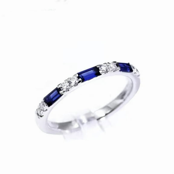 Elegant 4x2 Baguette Lab-Created Blue Sapphire & Diamond Half Eternity Wedding Band in 925 Sterling Silver - Classic Anniversary Ring with Timeless Sparkle and Superior Craftsmanship