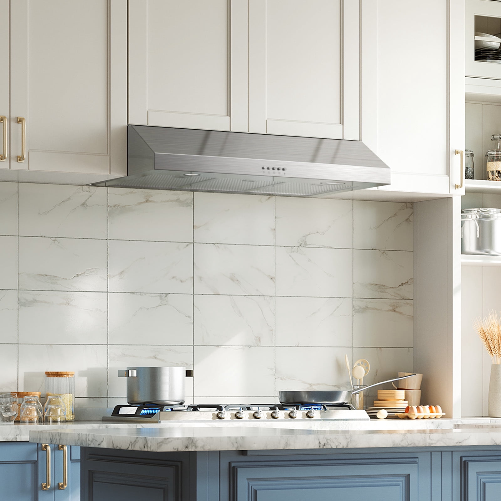 VIKIO 30 inch Under Cabinet Range Hood 600 CFM Ducted in Stainless Steel with Mesh Filters and Push Buttons