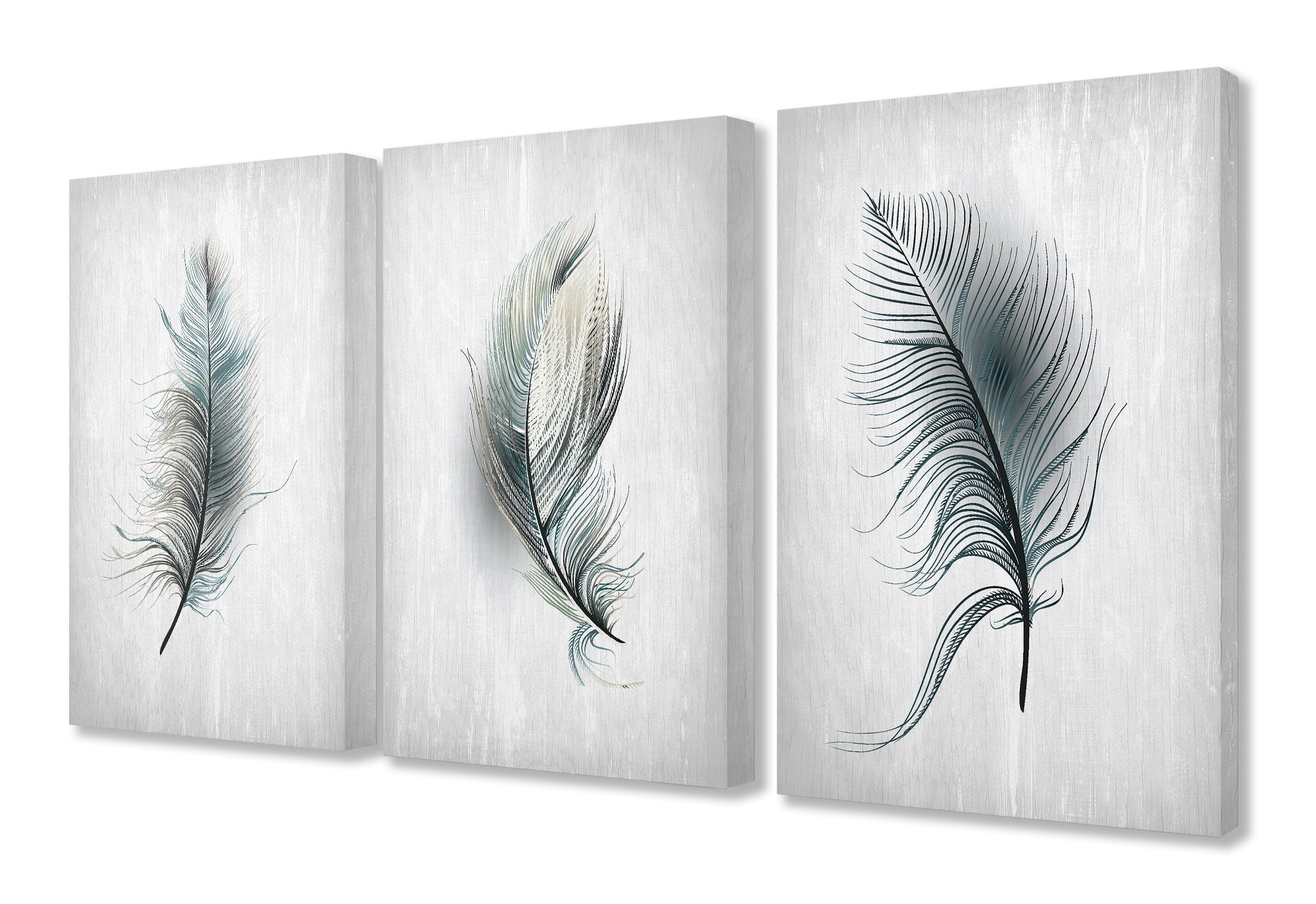 The Stupell Home Decor Neutral Grey and Blue Wispy Falling Feathers ...