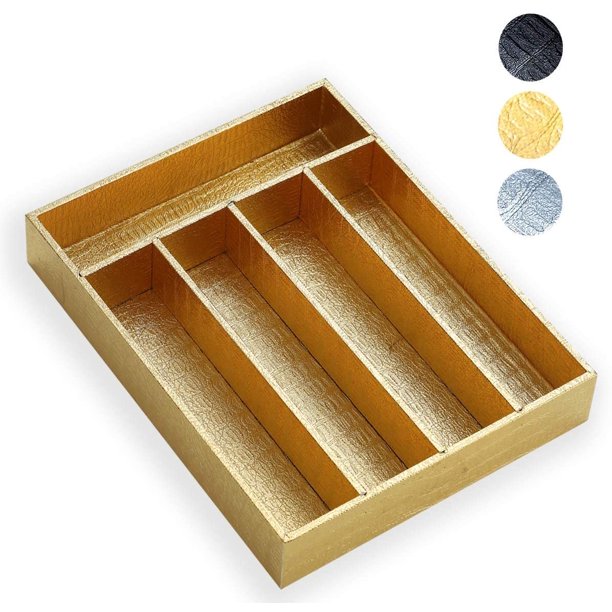 ReaNea Drawer Organizers Gold Leather Wood Kitchen Silverware Tray for  Drawer, Utensil Tray Drawer Organizer, Cutlery Flatware Silverware Organizer