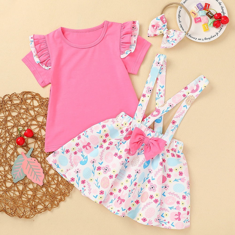 3PC Newborn Infant Baby Girl Clothes Shirt+Bowknot Strap Skirt Dress Outfits Set 