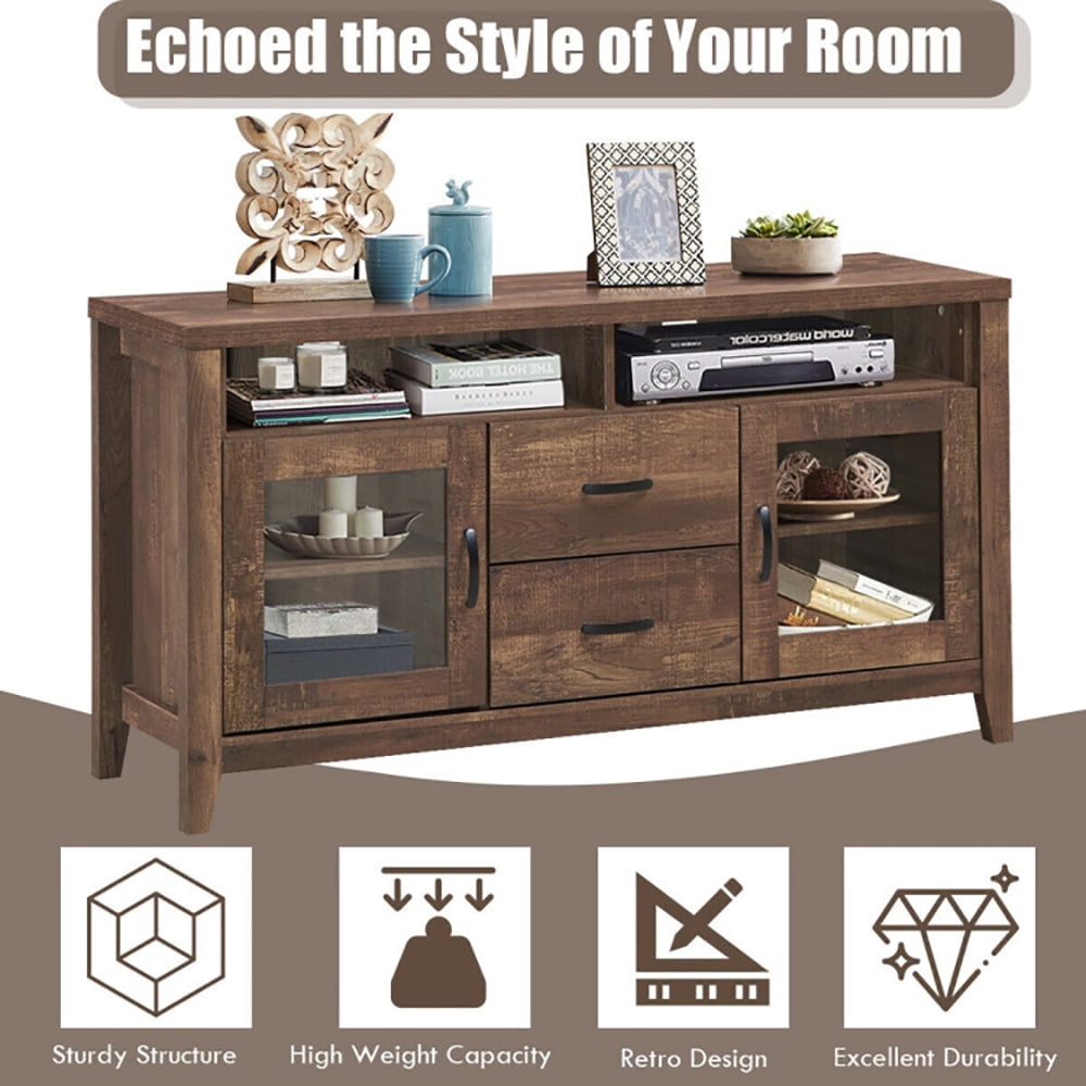 Finihen TV Stand, TV Cabinet, Wooden Retro TV Stand with Drawers and Tempered Glass Doors, Media Entertainment Center with Storage, for Living Room, Bedroom, Brown