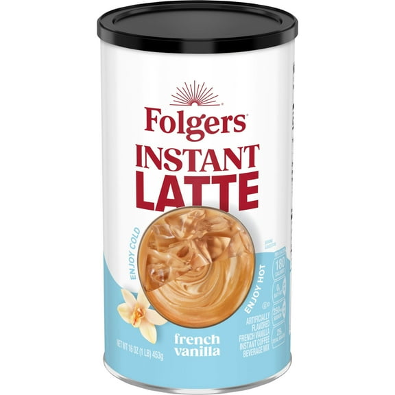 Folgers French Vanilla Instant Latte, Artificially Flavored Instant Coffee Beverage Mix, 16 oz Canister