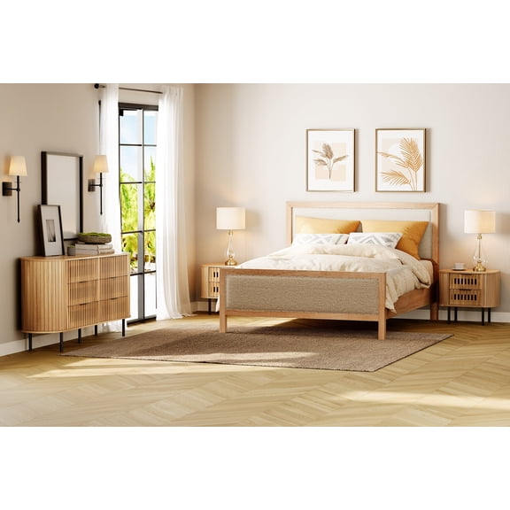 WAMPAT 3 Pieces Bedroom Set - Includes Wood Storage Dresser with 6 Drawers, Set of 2 End Tables with 2 Drawers, Fluted Design, Oak