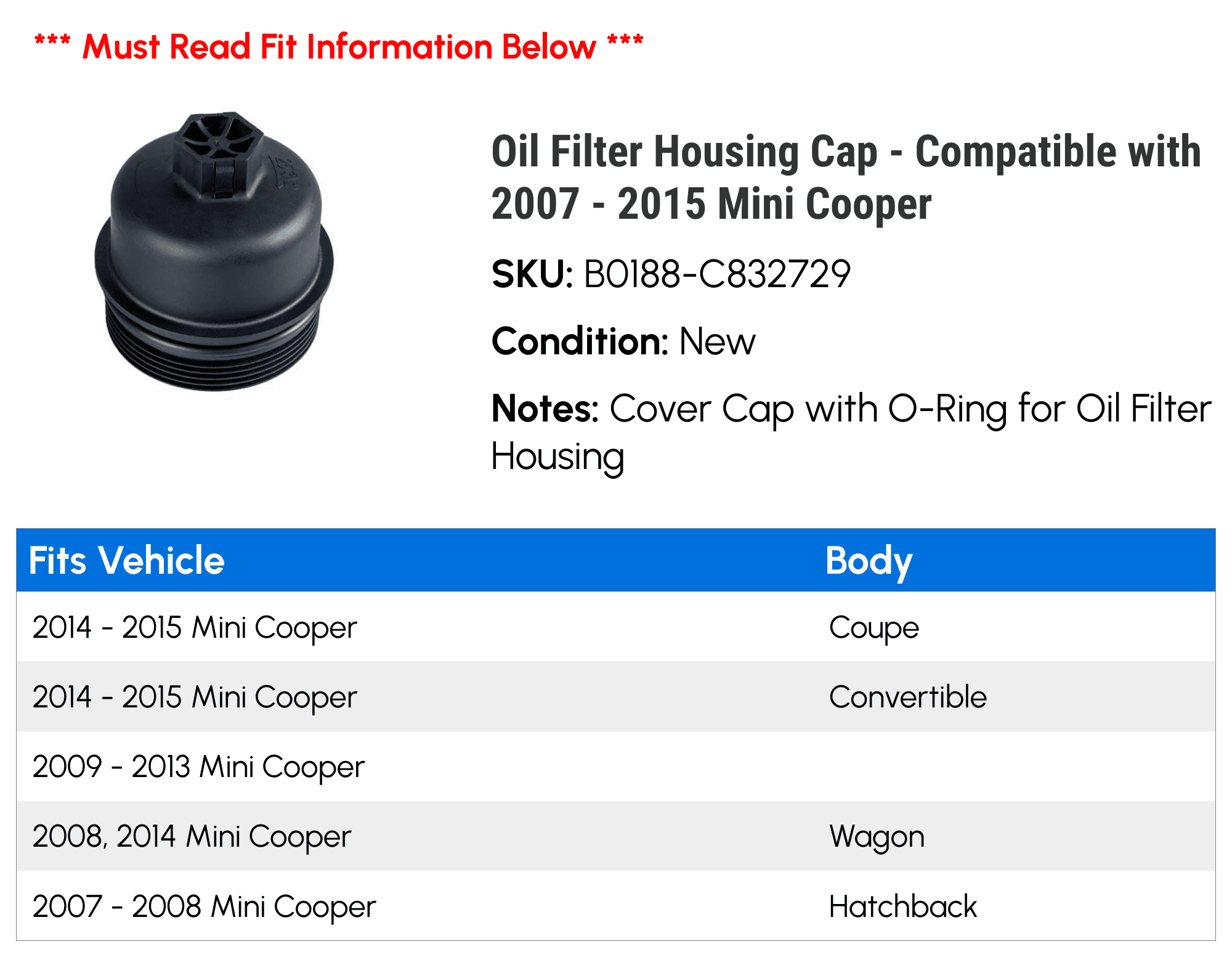 Oil Filter Housing Cap - Compatible with 2007 - 2015 Mini Cooper 2008 2009 2010 2011 2012 2013 2014