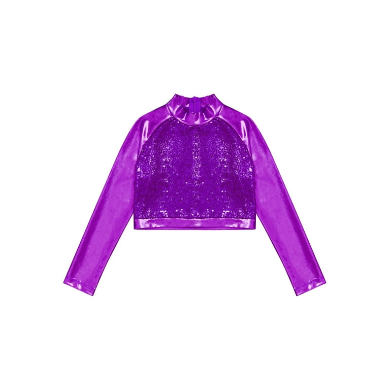CHICTRY Kids Girls Sequins Back Zipper Dance Tops Long Sleeve Metallic Latin Jazz Dance Crop Top Purple 8 Walmart