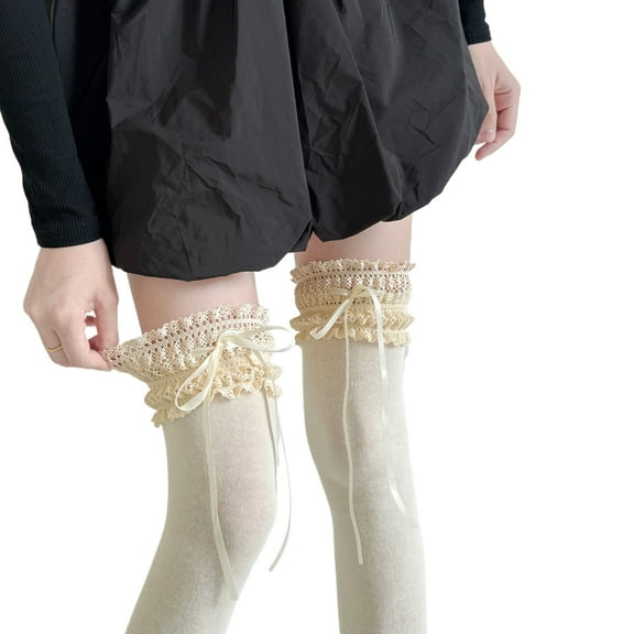 Japanese Sweet Ruffle Lace Top Thigh High Socks with Bowknot Winter Warm Cotton Over Knee Long Boot Stockings for Women