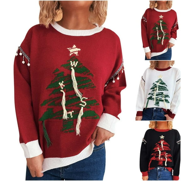 FRSASU Warm Soft Sweaters for Women Casual Round Neck Loose Long Sleeve Pullover Tops Fashion Christmas Print Knitted Sweater White S(S)