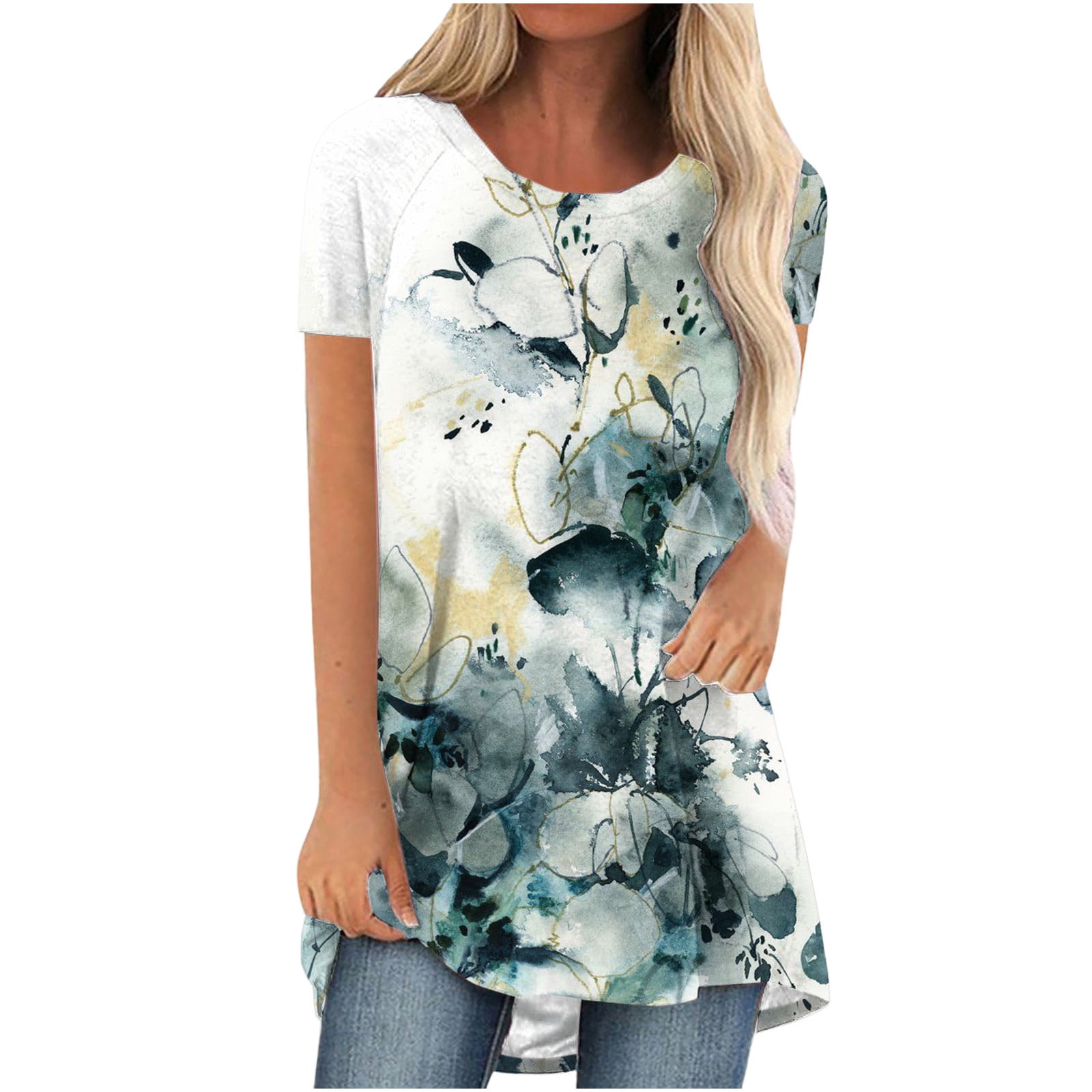 ZQGJB Trendy Summer Tops for Women Clearance Floral Print Tunic Top ...