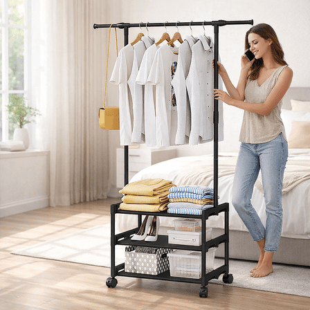 CACAGOO Heavy Duty Portable Cloth Hanger, Metal Stand Coat Rack with Wheels, 3 Tier Shelves for Bedroom, Laundry