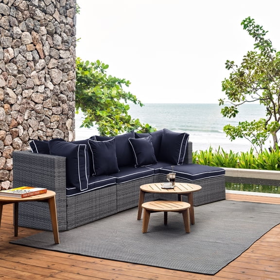 Westin Outdoor 4-Piece Rattan Wicker Patio Sofa Sectional Set with Back Cushions UV Weather Resistant, Gray/Navy Blue