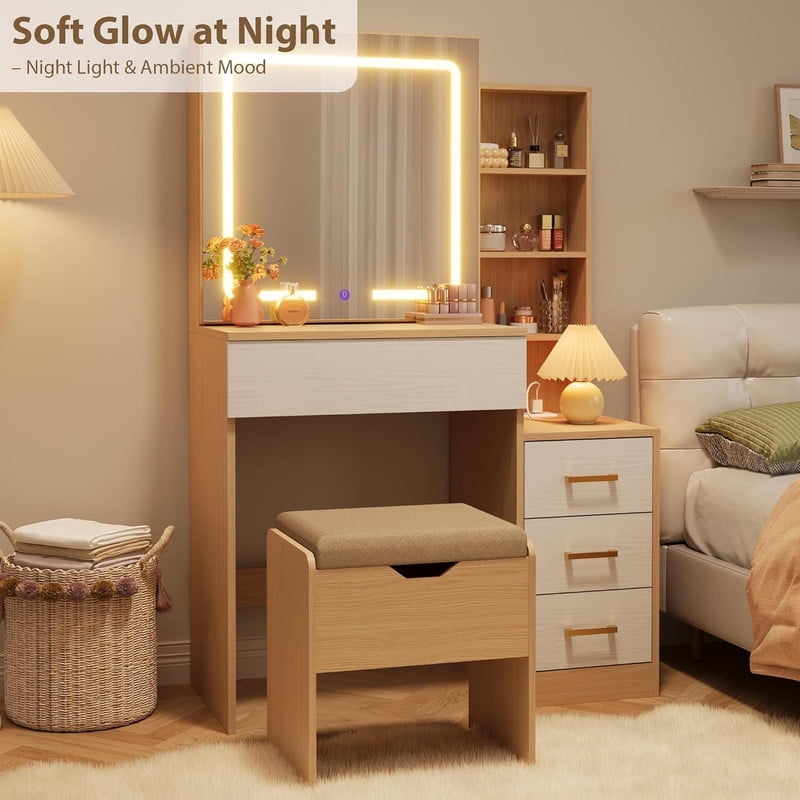 TROPOW Vanity Desk with Mirror and Lights, Makeup Vanity with Drawer & Storage Shelves, Cabinet, 3 Lighting Modes Adjustable Brightness, Power Outlet,Wood Color