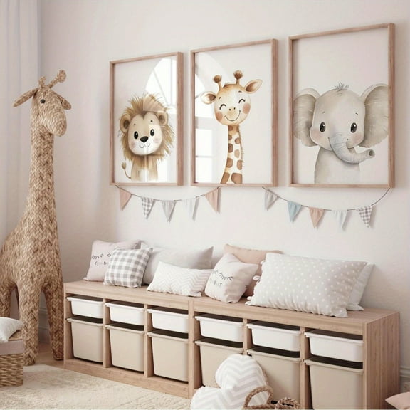 3pcs/ set Cute Cartoon Animal Style Wall Decor Art Set, Cute Lion, Giraffe and Elephant Art, Fun Animal Kingdom Print Canvas Print Poster, Ideal Gift for Kids Room, Living Room, Bedroom Wall Decor,