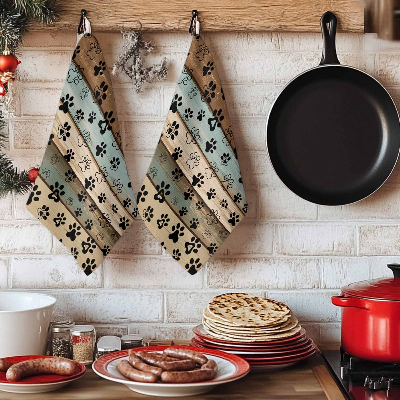 Dog Paws Printed Kitchen Towels Set of 2, Vintage Teal Brown Wooden Farmhouse Soft Microfiber Dish Towels, Absorbent Quick-Dry Washable Dishcloths for Kitchen Cleaning, Drying Dishes, 18x28 Inches