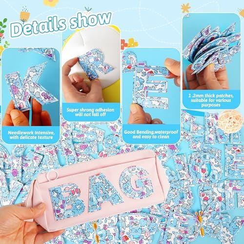 Letter Patches Self-Adhesive for Clothing: 26Pcs Blue Flower Letters Patch Stickers A-Z Alphabet Applique - Cute Fabric Letters Patches Stick on Jackets Hats Bags DIY Crafts