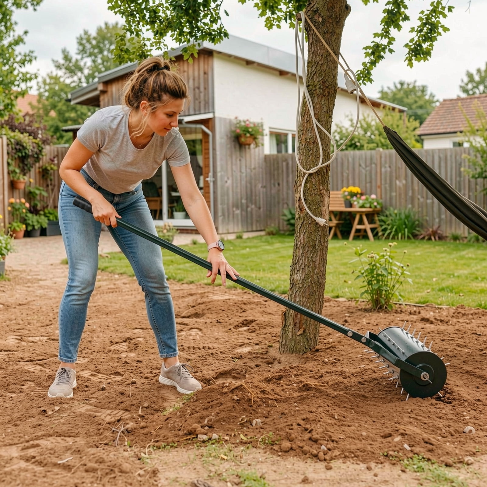 Biotree 18/21 Inch Manual Lawn Aerator with Detachable Handle Filled with Sand or Stone-21 inches Green