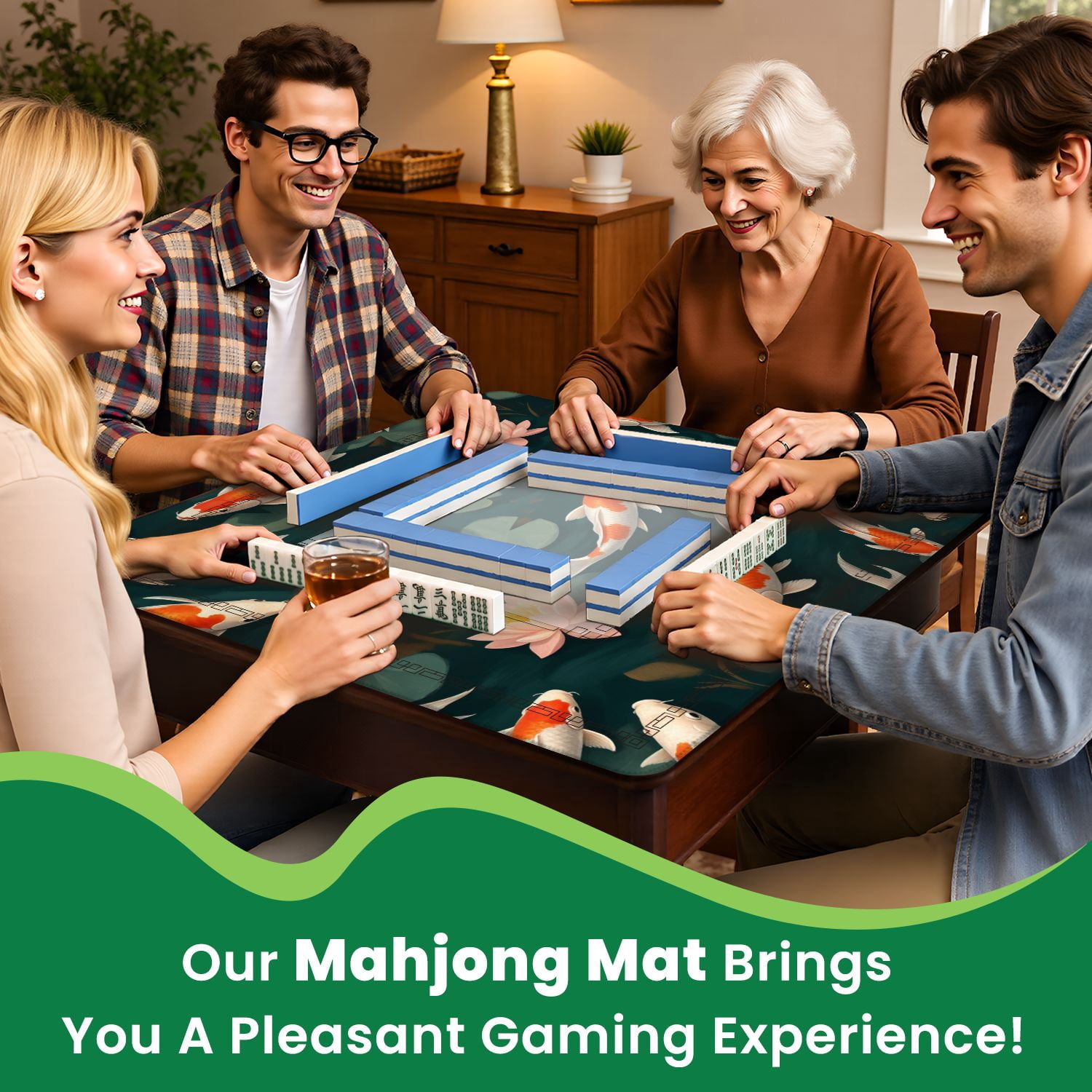 Mahjong Mat 31.5" x 31.5" Seamless fishes lotus Non-Slip Noise Reduction American Mahjong Tiles Table Cover for Dominoes Poker Card Board Games Gift