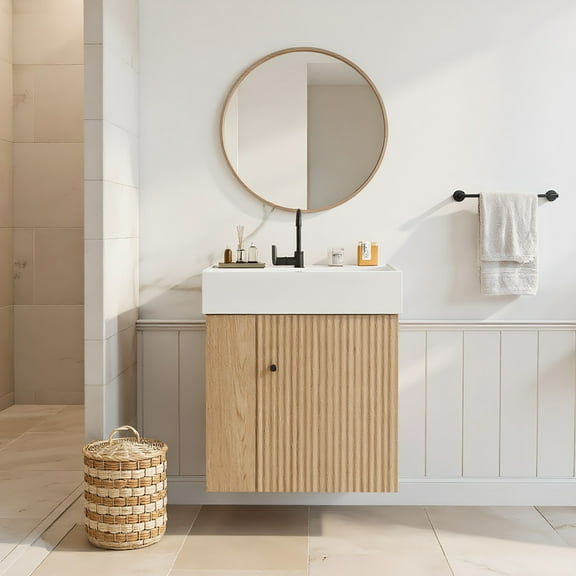 Resenkos 21.6" Modern Floating Bathroom Vanity with Ceramic Basin, Left Side Storage, Perfect for Small Bathrooms - Brown