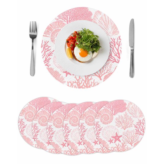 Coastal Pink Round 15 Inch Placemats Set of 6, Ocean Coral Starfish Shell Modern Sea HeatResistant Non Slip Place Mats for Dining Table, Wipeable Braided Kitchen Table Mats for Housewarming