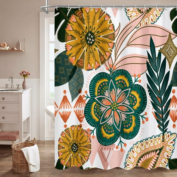 Boho Floral Shower Curtain, Modern Flower Shower Curtains for Rustic Vintage Bathroom Decor, Abstract Fabric Cloth Shower Curtain, Colorful Tropical Leaves, 72x72