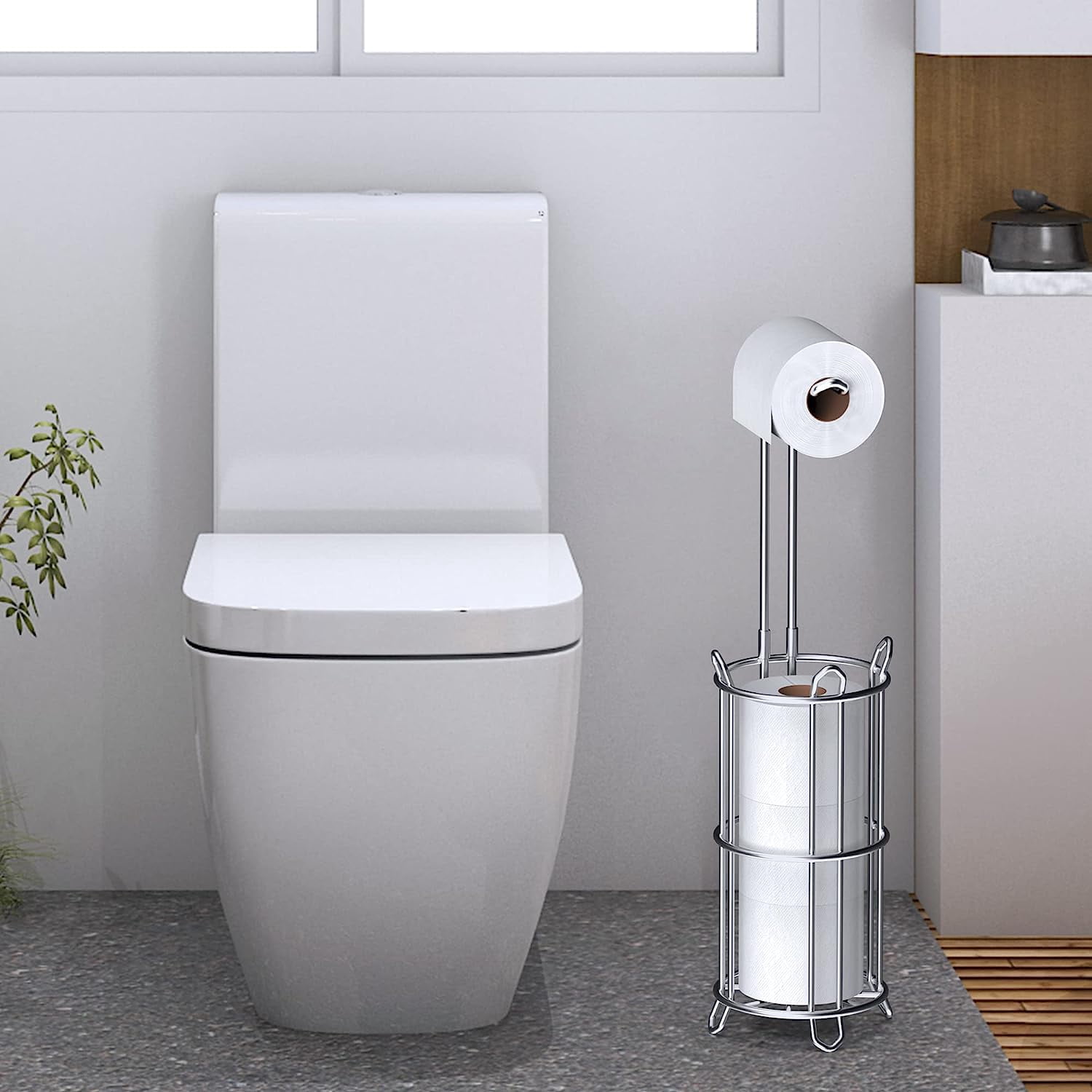 Meangood Toilet Paper Holder Stand and Tissue Roll Dispenser for 4 Mega Rolls, Bathroom Free Standing Storage Rack, Metal Wire Silver
