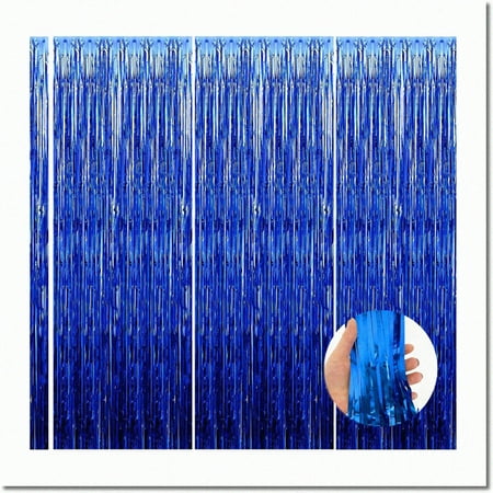 Image of Blue Bliss Party Pack: Dark Blue Fringe Backdrop Curtains Door Streamers & Photo Background Decorations - Perfect for Graduation & Party Decor!