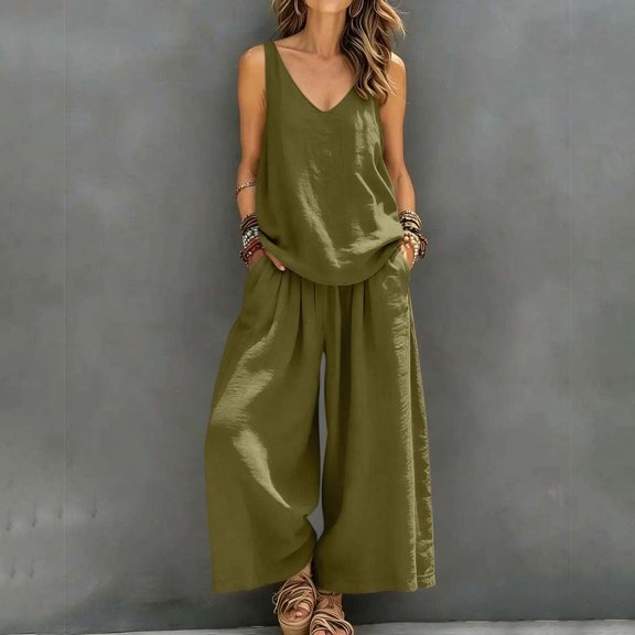 IUYRTFE Women's V Neck Sleeveless Top and Wide Leg Pants Set Drawstring Waist Cotton Linen Lounge Outfit