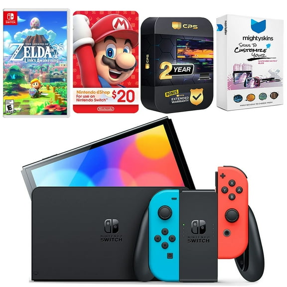Nintendo Switch Neon Red & Blue OLED Console with The Legend Of Zelda Link's Awakening, Nintendo $20 eShop Gift Card, MightySkins Console and Controller Skin Voucher, and 2 Year CPS Extended Warranty