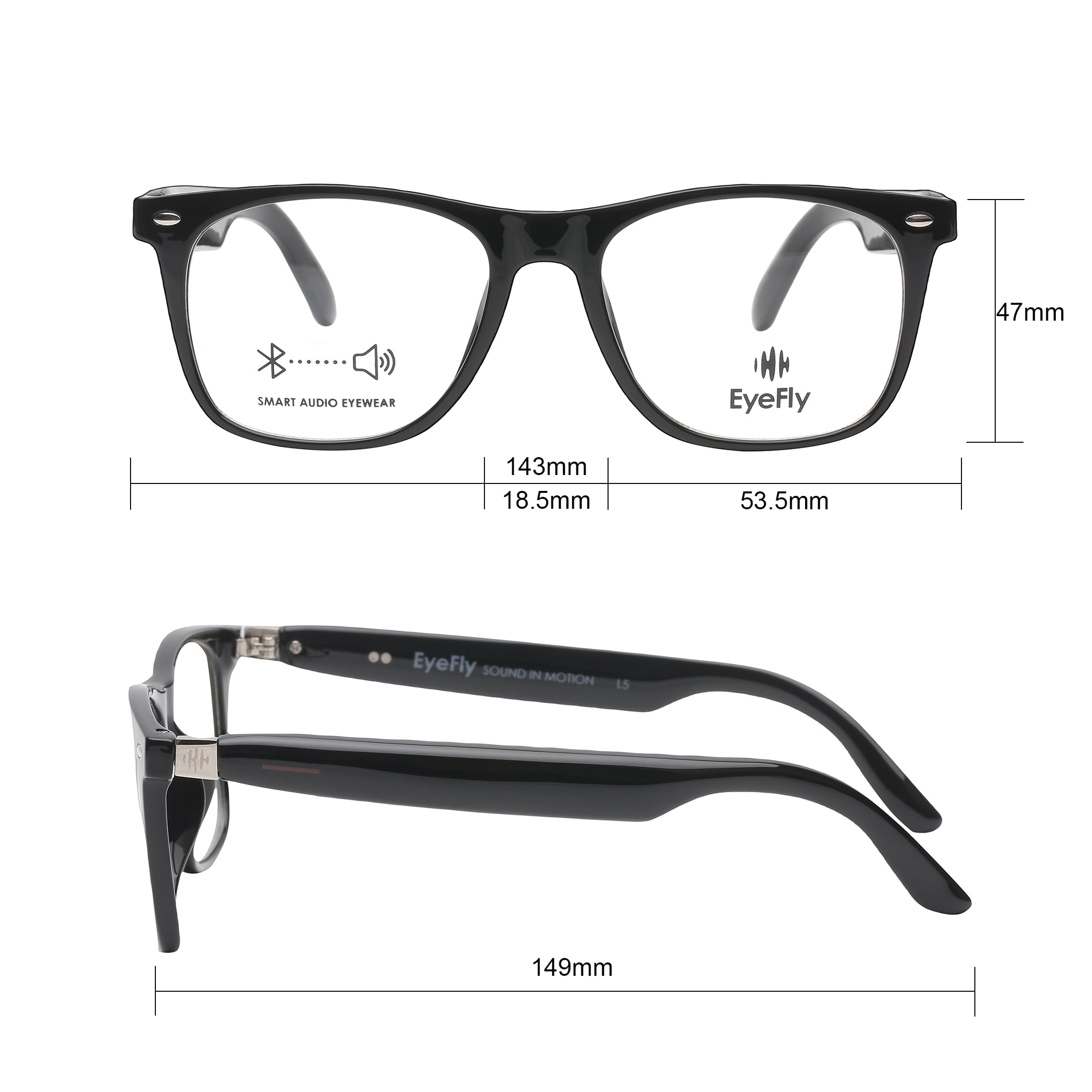 Eyefly Stream Prescription Ready Bluetooth Rechargeable Unisex Eyeglasses,Black, Includes Case