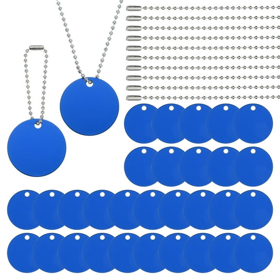 Uxcell 30Pcs Blank Tag Metal Stamping Tags, Round Shape Engraved Tag Aluminum Pet Tags with Bead Chain Laser Engraving Blanks for DIY Craft Decor Necklace Pendant Charm, Blue