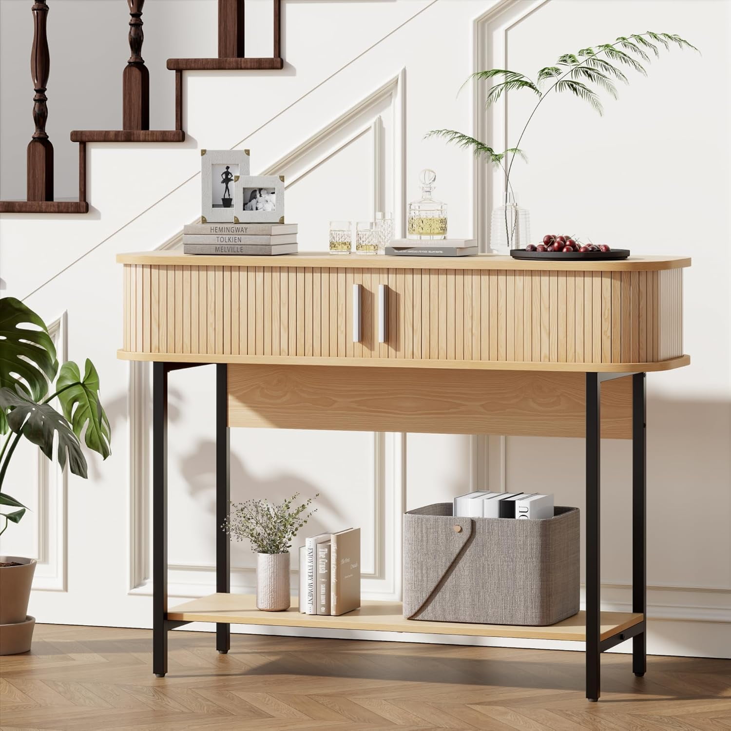 ECOTINY 40" Mid-Century Modern Entryway Table, Ultra Slim Fluted Console Table with Sliding Doors & Storage, Rounded Corner Wooden Sofa Table for Hallway & Living Room, Natural