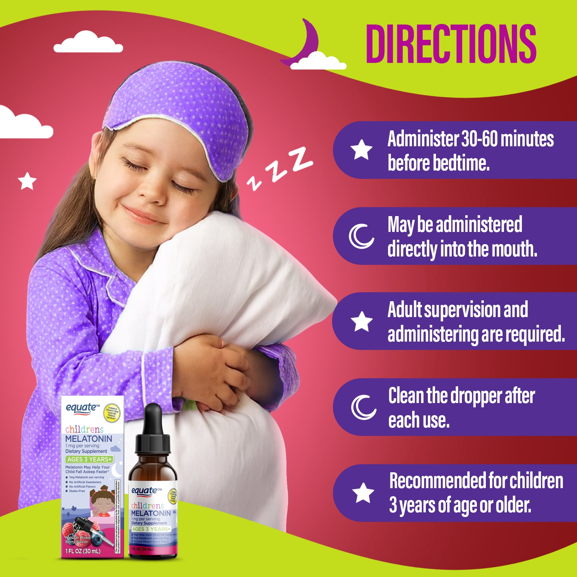 Equate Children's Melatonin Dietary Supplement Liquid for Sleep Support, Natural Mixed Berry Flavor, 1 mg, 1 fl oz
