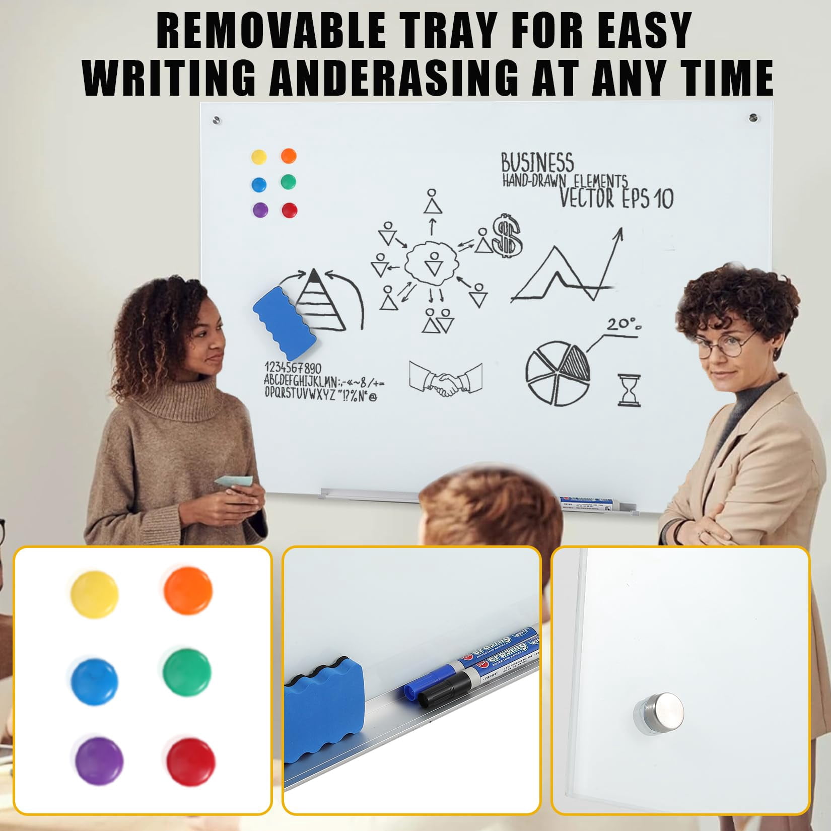 Magnetic Glass Whiteboard Frameless Dry Erase Board with 6 Strong Magnets, Tempered Glass Writing Board for Office, Home & School, White, 35.4" x 23.6"