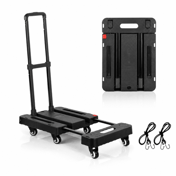 Folding Hand Truck 330lbs, Portable Heavy Duty Dolly Cart, 6 Silent Wheels Collapsible Luggage Cart with 2 Elastic Ropes - Compact Trolley Cart for Easy Moving - Ideal Hand Cart for Travel and More