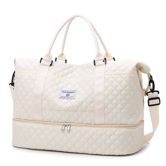 Large Capacity Travel Duffel Bag with Independent Shoe Compartment & Wet Pocket, Adjustable Shoulder Strap, Weekender Overnight Bag for Women Men, Sport Gym Tote for Camping, Travel, Luggage,Beige