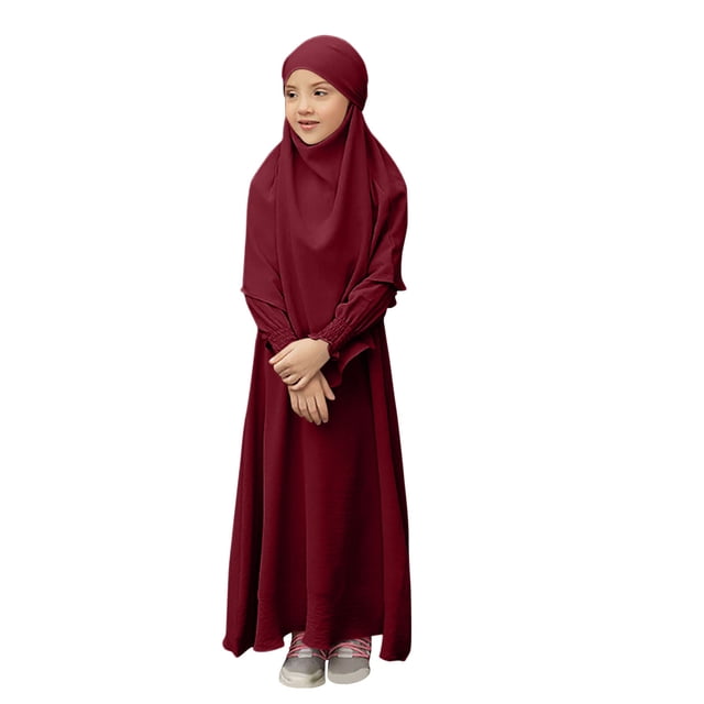 RXMEKW Ensemble de Robe Musulmane avec Châle pour Filles Manches Longues Col Rond Robe à Volants Tenue 2 Pcs Rose