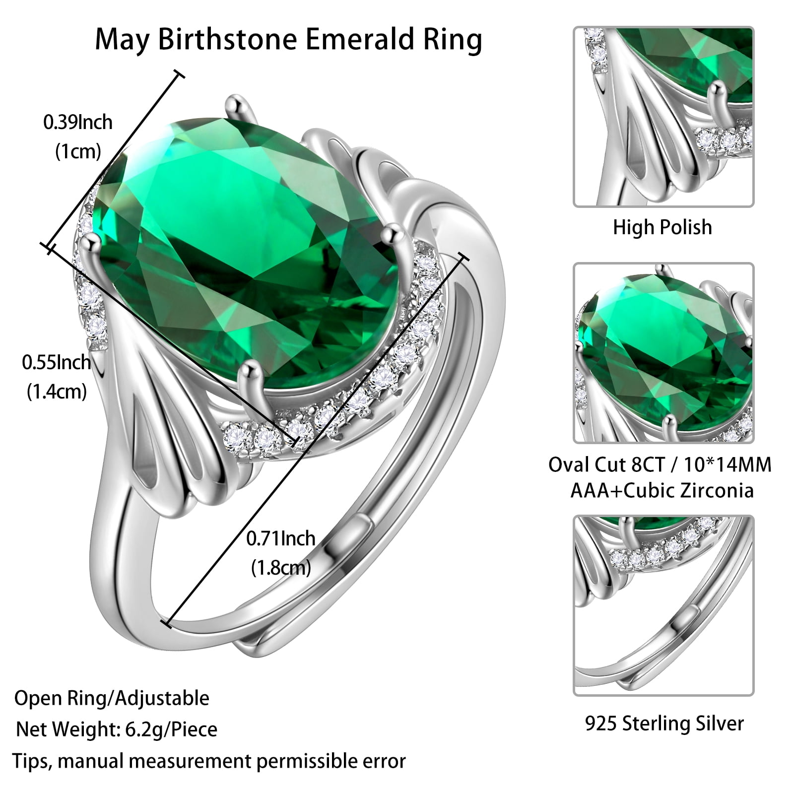 Juwaliy 8Ct Women Emerald Ring 925 Sterling Silver Oval Halo Green May Birthstone Ring Band Jewelry Birthday Christmas Mom Grandma Mother's Day Gifts