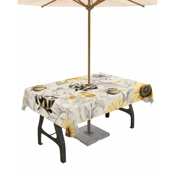 Outdoor Tablecloth with Umbrella Hole for Patio/Picnic/Party/Camping, Sunflowers Waterproof Table Cloth Rectangle Table Cover Washable, Spring Farm Bees Garden Vintage 52"x 70"