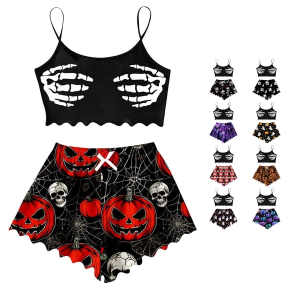 Xijirk Women Halloween Pajama Set Spaghetti Strap Crop Top with Ruffle Shorts Assorted Halloween Element Print Loungewear for Sleepwear and Holiday Party,Red2,XXL