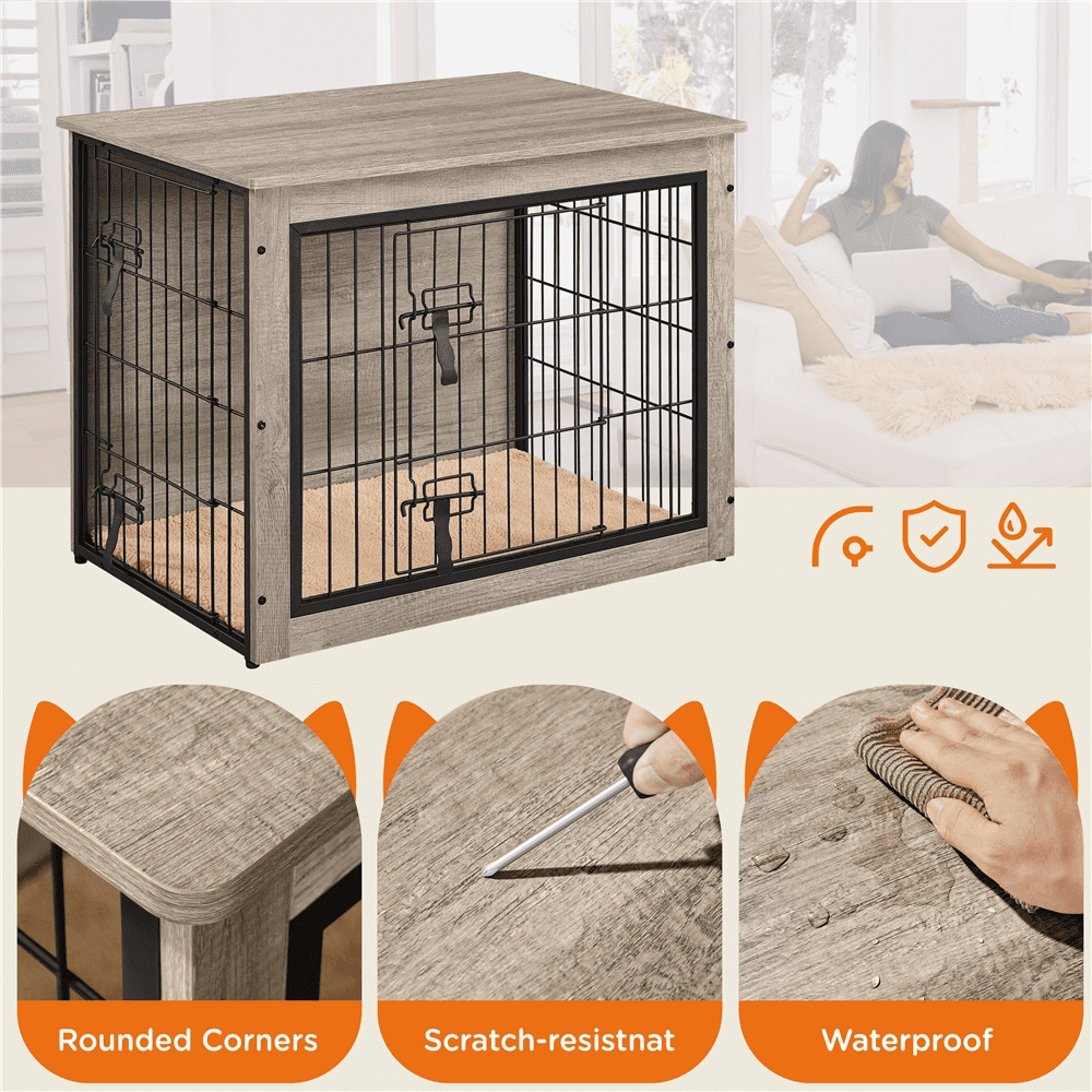 Alden Design 32" W Rustic Industrial Dog Crate with Anti-Skid Plush Mat For Medium-Sized Dogs, Gray